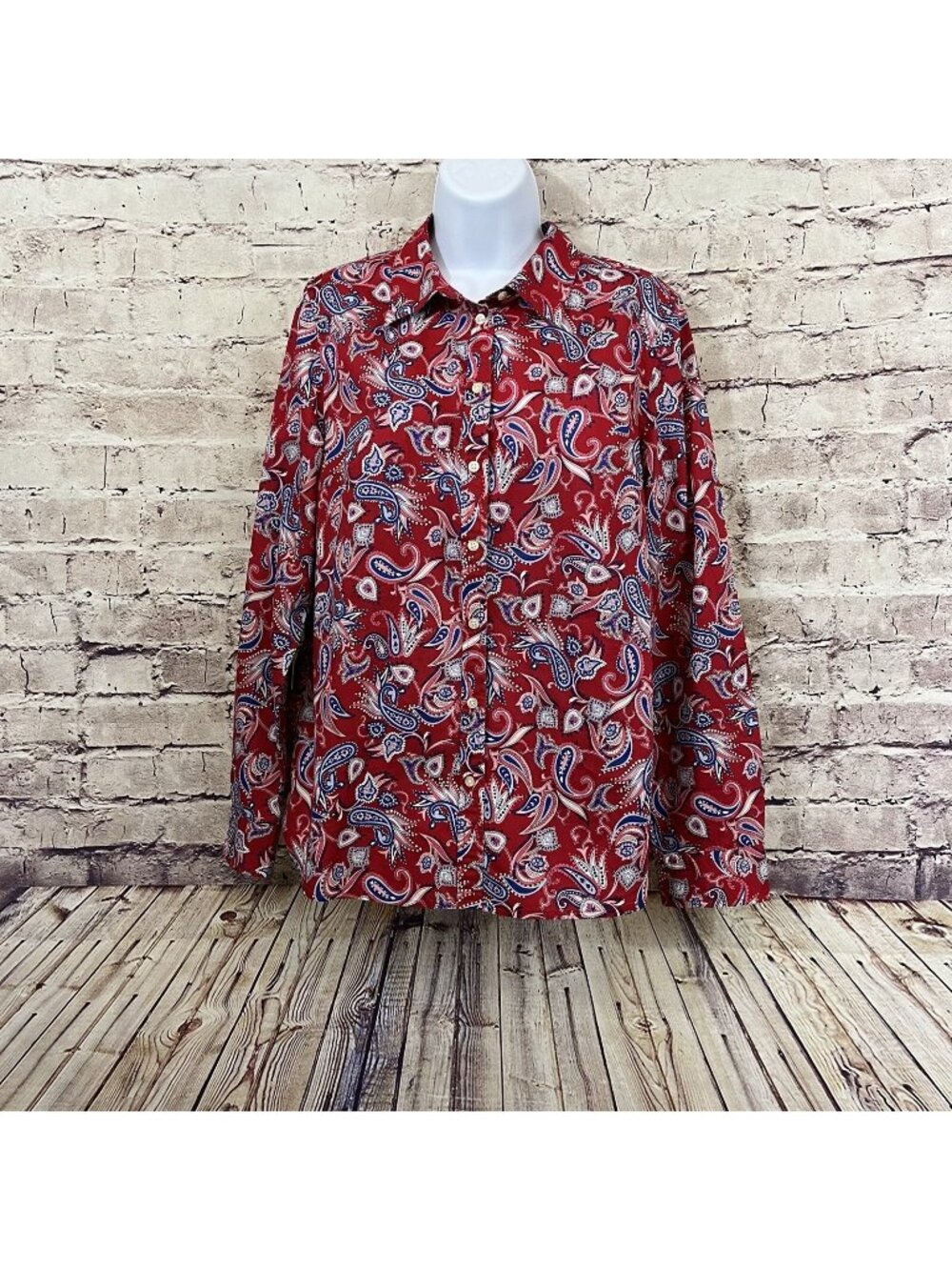 Talbots Red Paisley Print Button Front Roll Tab Sleeve Shirt